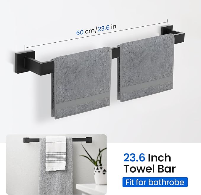FAHKNS 10 PCS Bathroom Hardware Accessories Set 23.6 Inch Stainless Steel Bath Towel Bar Set Square Towel Ring Set for Bathroom Wall Mounted, Black