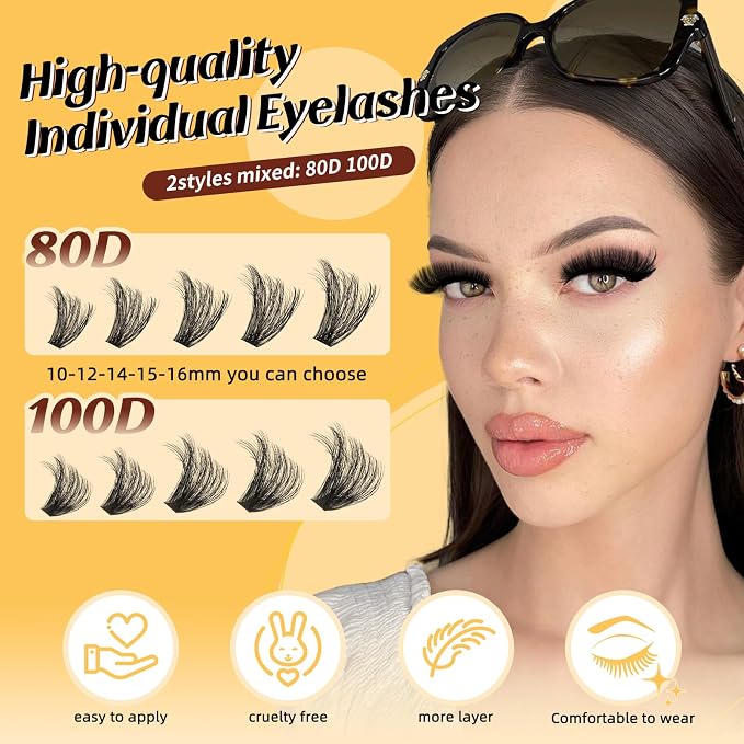 QUEWEL Lash Clusters, Cluster Lashes 3D-80D+100D Eyelash Clusters D Curl | Individual Lashes 10-18mm Cluster Eyelash Extensions Create Kinds of Beauty Look (DH-3D+80D+100D)