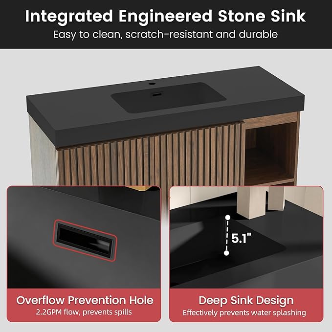 48" Bathroom Vanity with Sink, Freestanding Single Sink Bathroom Vanity with Black Engineered Stone Top & Open Side Storage, Soft-Closing Doors with Adjustable Shelf, Walnut