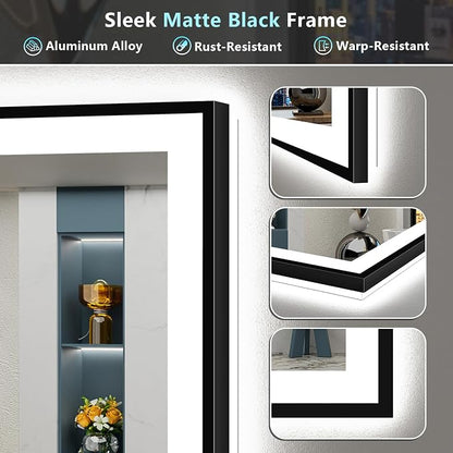 30x36 Black LED Bathroom Mirror, Backlit & Front Lit Lighted Mirror | Metal Framed Anti-Fog Vanity Mirror with Lights, 3 Color Dimmable, Memory, Tempered Glass, CRI95, IP54, Horizontal/Vertical