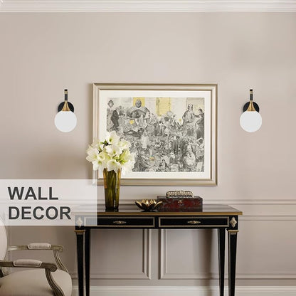 1-Light Bathroom Wall Sconce, Black and Gold Vanity Lighting | with White Milk Globe Glass Shade, Modern Wall Light Fixture for Bedroom Hallway Bathroom Kitchen