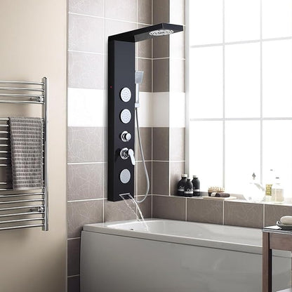 ROVOGO Shower Panel Tower System with Led Lights, 2-Mode Shower Head, 3 Body Jets, Handheld and Tub Spout, 46.5"H x 7.8"W Stainless Steel Shower Column with Mixer Valve, Black