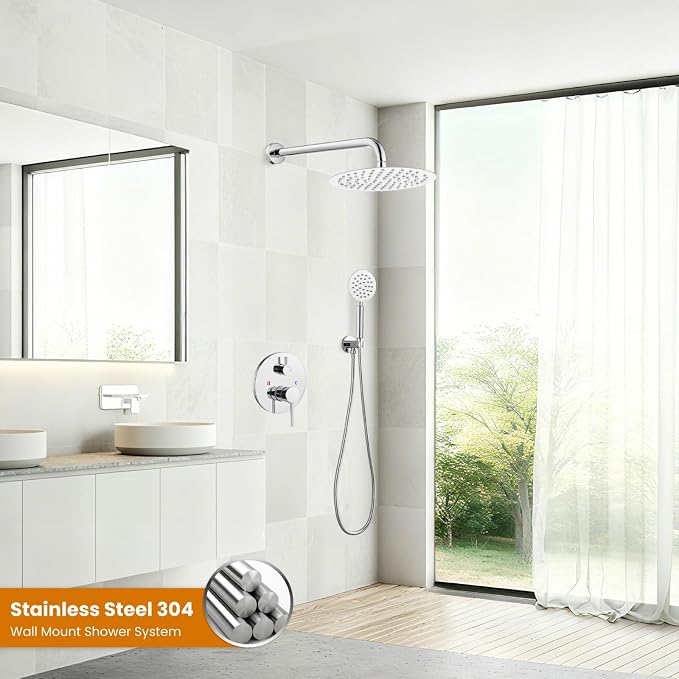 gotonovo High Pressure Shower System Valve and Trim Kit,Polish Chrome | Round Rain 10 Inch Shower Head with Handheld Faucet Set Complete,Rough In Valve,2-in-1 Diverter,All Metal,Bathroom Wall Mount