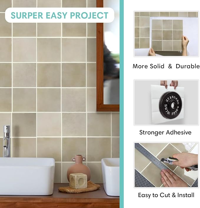 Commomy Thicker Peel and Stick Tiles 10 pcs of 12" x 12" | 3D Adhesive Square Peel and Stick Tiles Backsplash for Kitchen, Bathroom,Waterproof, Vinyl Wall Tile(Cover 10 Sq.ft)