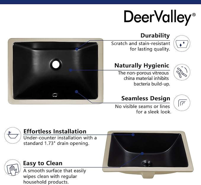 DeerValley Black Undermount Bathroom Sink 18'' x 13'' Rectangular Ceramic Bathroom Wash Basin with Overflow Hole DV-1U306B