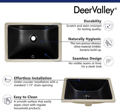 DeerValley Black Undermount Bathroom Sink 18'' x 13'' Rectangular Ceramic Bathroom Wash Basin with Overflow Hole DV-1U306B