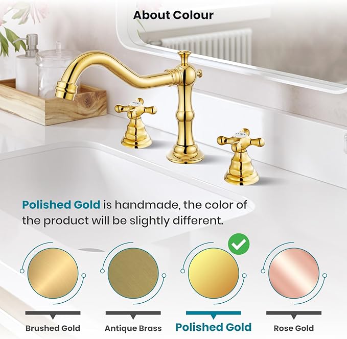gotonovo Bathroom Faucet 3 Hole 8 Inch Widespread Bathroom Sink Faucet 2 Cross Handles Vintage Lavatory Vanity Mixer Tap with Pop Up Drain, HOT Cold Label, Polish Gold