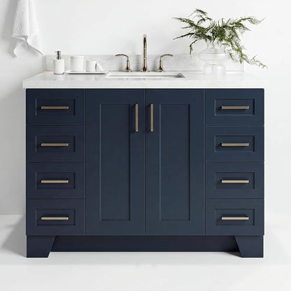 Emilia 48-Inch Bathroom Vanity with Sink — Midnight Blue Single Sink Bathroom Vanity, 1.5" Edge Italian Carrara Marble Top, Solid Wood, 2 Soft Closing Doors, 9 Dovetail Drawers