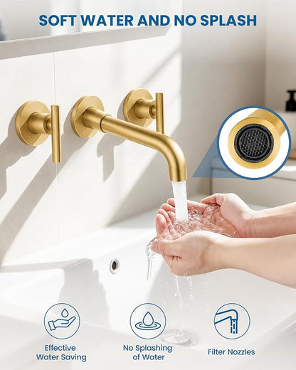 Airuida Wall Mounted Bathroom Sink Faucet,Brushed Gold Vanity Sink Faucet | Lever Handle,3 Holes,360° Widespread Swivel Spout,Rotatable Bathroom Faucet
