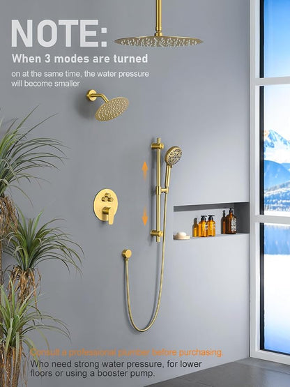 Woindo Shower Faucet Set with Slide Bar, 12" Rain Shower Head/8'' Side Shower Head and 10 Setting Handheld Ceiling Mount 3 Push Button Diverter Complete Rainfall Shower System Included Valve Trim Kit