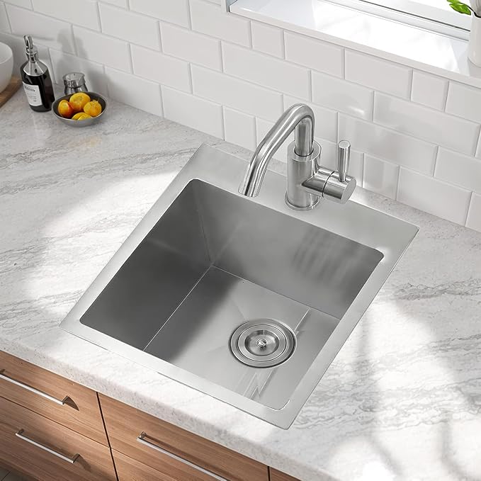 VCCUCINE Bar Sink Drop in,18 x 18 Inch Topmount RV Small Kitchen Sink,Handmade Stainless Steel Wet Bar Sink,Outdoor Single Bowl,Brushed Nickel Prep Sink with Drain