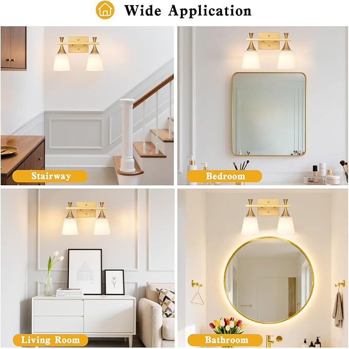 2 Light Modern Bathroom Vanity Light, Milk Glass Wall Light Fixtures Over Mirror, Brushed Gold Vanity Lighting for Bathroom, Living Room, Bedroom, E26 Base (Exclude Bulb)
