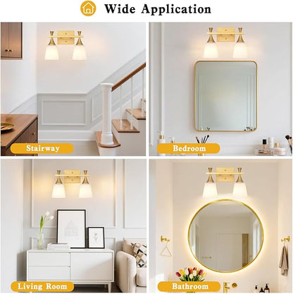 2 Light Modern Bathroom Vanity Light, Milk Glass Wall Light Fixtures Over Mirror, Brushed Gold Vanity Lighting for Bathroom, Living Room, Bedroom, E26 Base (Exclude Bulb)