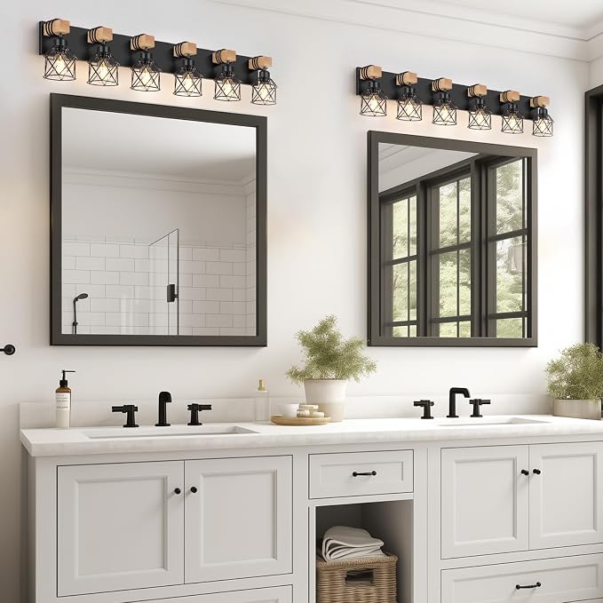 FadimiKoo 6-Light Bathroom Vanity Light, Bathroom Wall Lamps Over Mirror | Rustic Wood & Black Metal Shade, Wood Black Vanity Lights Over Mirror, Wall Sconces for Bathroom Bedroom Living Room