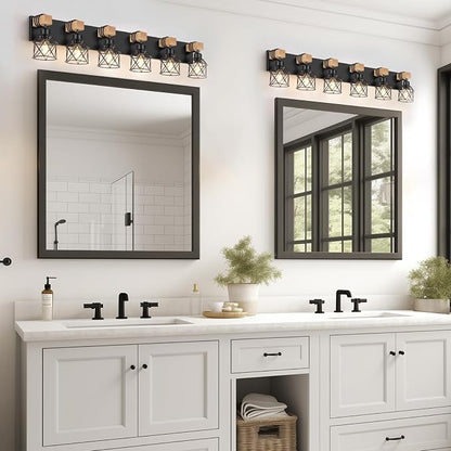 FadimiKoo 6-Light Bathroom Vanity Light, Bathroom Wall Lamps Over Mirror | Rustic Wood & Black Metal Shade, Wood Black Vanity Lights Over Mirror, Wall Sconces for Bathroom Bedroom Living Room