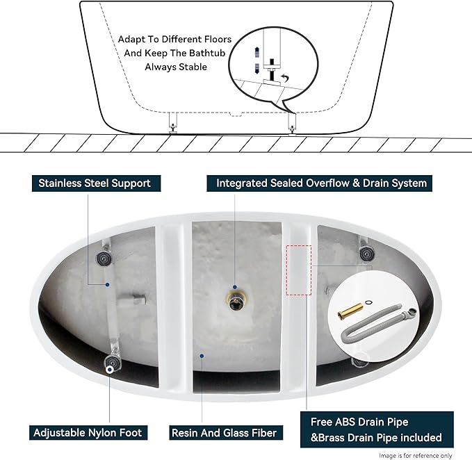 FerdY Tahiti 59" Acrylic Freestanding Bathtub, Elegant Oval Shape Bathtub, Glossy White, Polished Chrome Drain & Integrated Slotted Overflow Assembly Included cUPC Certified