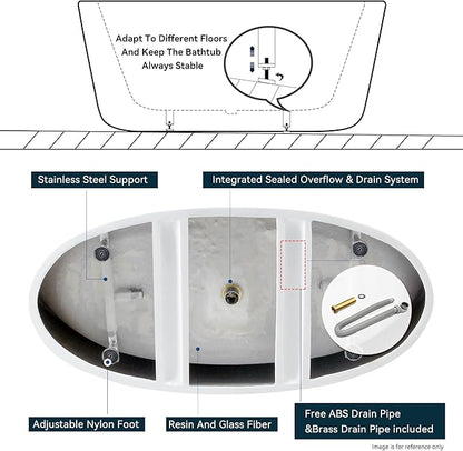 FerdY Tahiti 59" Acrylic Freestanding Bathtub, Elegant Oval Shape Soaking Bathtub, Glossy White, Matte Black Drain & Matte Black Overflow Assembly Included cUPC Certified