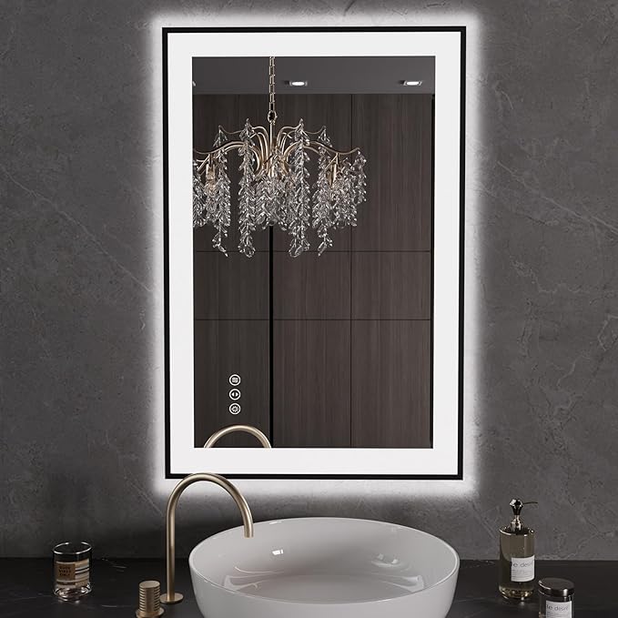 LOAAO 24"X36" LED Bathroom Mirror Black Framed | Anti-Fog, Dimmable, Memory Function, Tempered Glass, Lighted Vanity Mirror for Wall