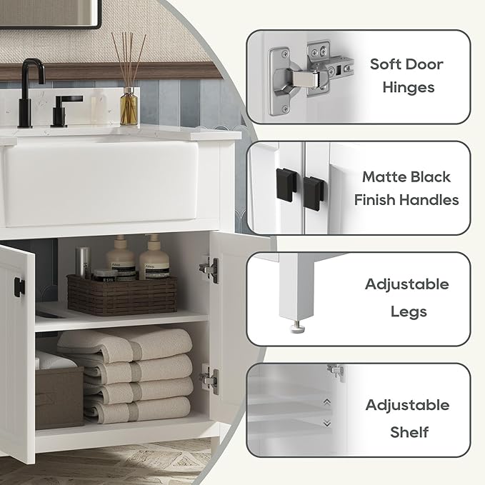 30 Inch Bathroom Vanity with Sink, Farmhouse Bathroom Sink Cabinet with Adjustable Feets, Solid Wooden Frame Single Sink Bathroom Vanity with Soft Closing Doors, Apron Farm Sink, White