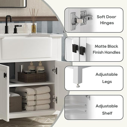 30 Inch Bathroom Vanity with Sink, Farmhouse Bathroom Sink Cabinet with Adjustable Feets, Solid Wooden Frame Single Sink Bathroom Vanity with Soft Closing Doors, Apron Farm Sink, White