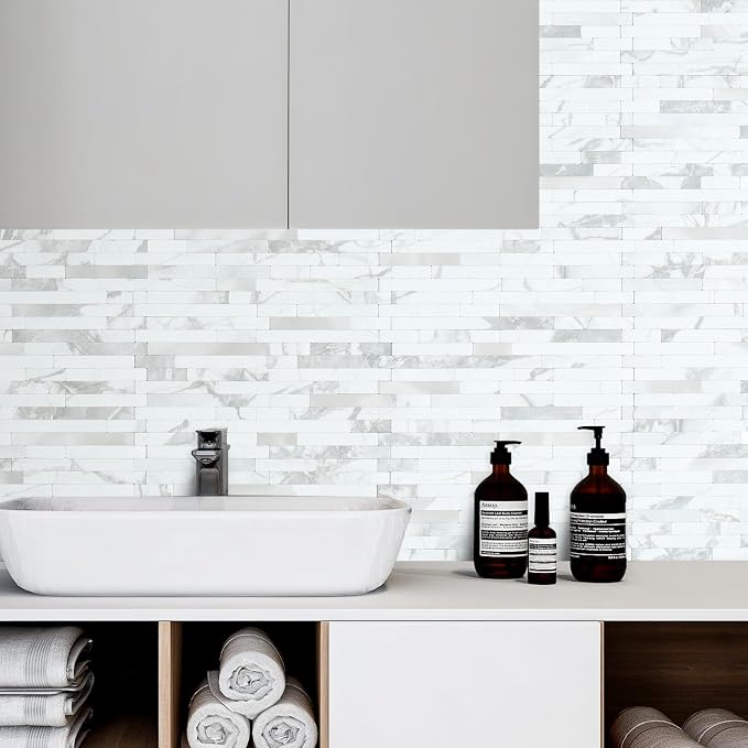 AULIGET 20 Sheets White Stone Peel and Stick Backsplash, PVC Mixed Metal Silver Wall Tile Stick on Backsplash for Kitchen and Bathroom