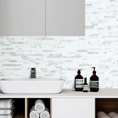 AULIGET 20 Sheets White Stone Peel and Stick Backsplash, PVC Mixed Metal Silver Wall Tile Stick on Backsplash for Kitchen and Bathroom