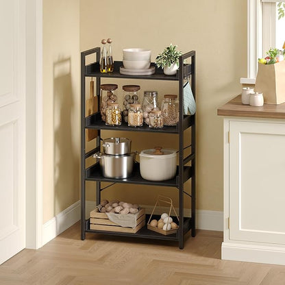 Rolanstar Bookshelf 4 Tier with 4 Hooks, Industrial Wood Bookcase, Vintage Storage Rack with Open Shelves, Rustic Standing Bookshelves Metal Frame Display Rack for Living Room, Bedroom, Black