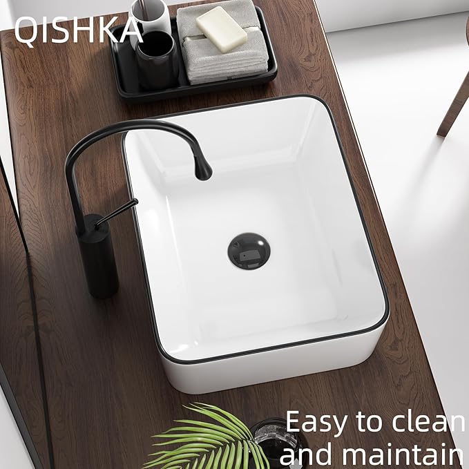 19 Inch Rectangular Bathroom Sink Above Counter, QISHKA White Ceramic Vanity Vessel Sink With Black Edges - 19" x 15" Countertop Rectangle Hand Wash Sink Porcelain Art Basin