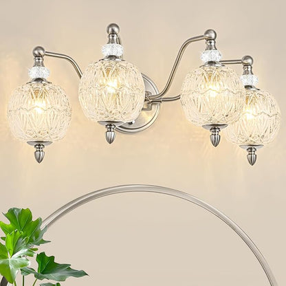 4-Light Brushed Nickel Bathroom Vanity Light, Modern Brushed Nickel Finish Wall Sconce with Globe Glass Shades, Modern Mirror Light for Bathroom, Powder Room
