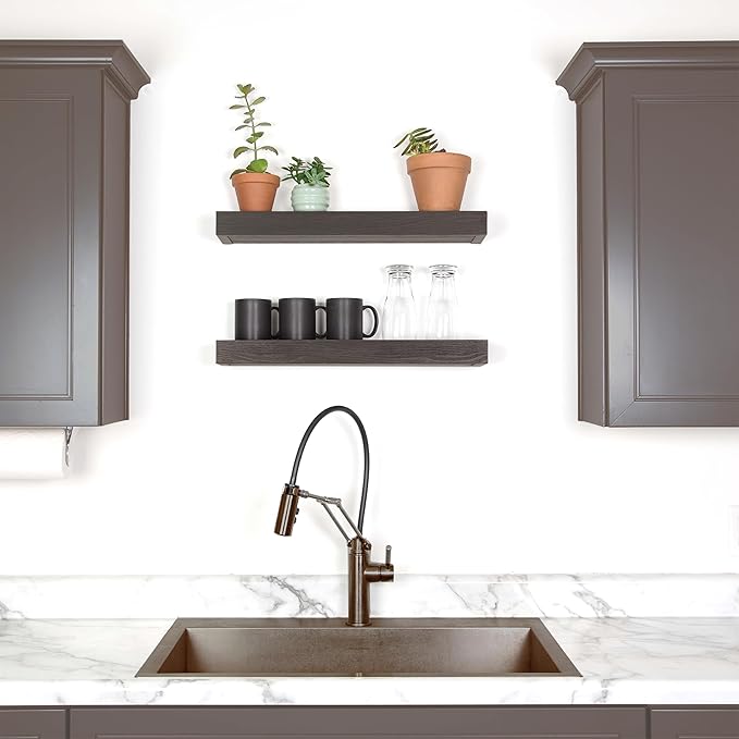 HIGH & MIGHTY 515603 Modern 18" Floating Shelf Holds up to 15lbs, Easy Tool-Free Dry Wall Installation, Flat, Retail Packaging, Espresso