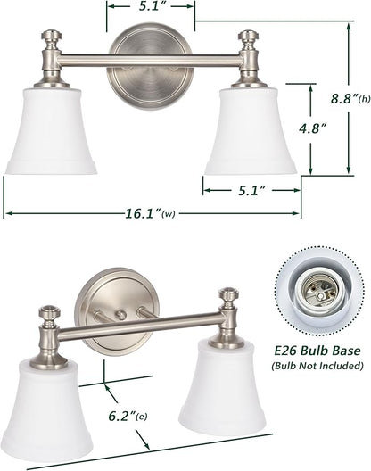 Bathroom Vanity Light Fixtures, Traditional Brushed Nickel 2 Lights Wall Sconce Lighting with Opal Glass Shade, Porch Wall Mount Light Fixture for Bathroom, Mirror Cabinets Hallway Stairs