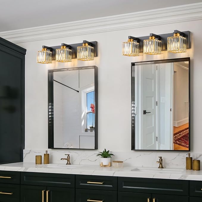 Black Gold Crystal Bathroom Vanity Light 3-Lights Modern Bathroom Lighting Fixtures Over Mirror, Wall Light Fixtures