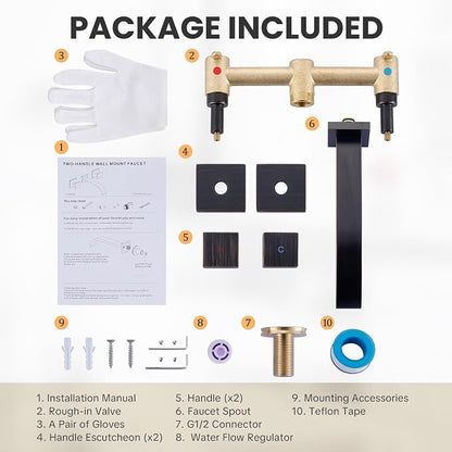 Wall Mount Bathroom Faucet 3 Hole Oil Rubbed Bronze Bathroom Faucet | Waterfall Bathroom Faucet with Two Handles, Brass Bathroom Sink Faucet with Rough-in Valve, Vessel Sink Faucet for Vanity
