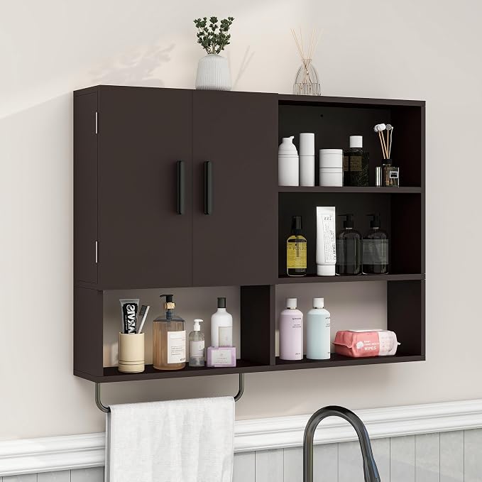 Bathroom Wall Cabinet, Medicine Cabinet with Towel Bar & 2 Doors, Espresso