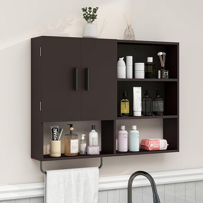 Bathroom Wall Cabinet, Medicine Cabinet with Towel Bar & 2 Doors, Espresso