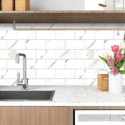 Peel and Stick Backsplash Tile for Kitchen & Bathroom Walls (Polished White Marble, 10 Tiles - 9.7 Sq. Ft. (0.9 M))