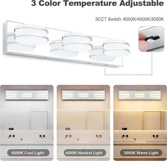 GOODATE 3 Color Temperature Dimmable Bathroom Light Fixtures Over Mirror, LED Chrome 3 Light Vanity Lighting Fixtures, Acrylic Stainless Steel Oval Shade Vanity Lights for Bathroom, ETL Certificated