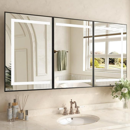 48 x 32 Inch LED Medicine Cabinet with Mirror, Recessed or Surface Mount, Soft Close Hinges, Adjustable Shelves, Black