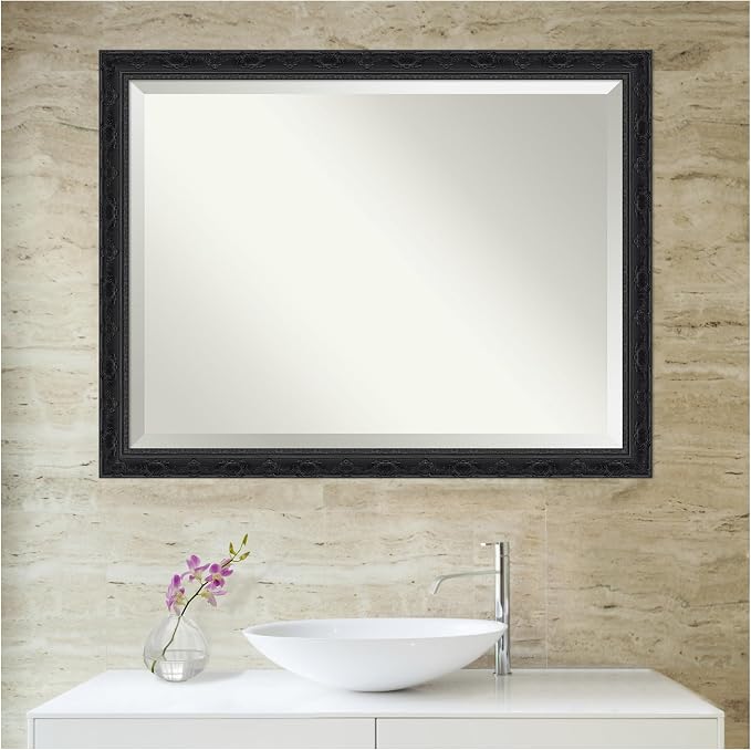 Amanti Art Black Bathroom Mirror for Over Sink, 34x44 Filigree Gloss Black Rectangle Vanity Mirror, X-Large Traditional Frame, Hangs Horizonally and Vertically, Bathroom Wall Decor, Beveled Edge