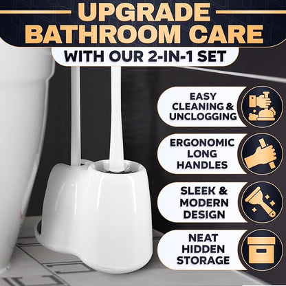 15.2" Toilet Brush and Plunger Set with Holder, Nylon Bristles, (White) | Toilet Bowl Brush, Holder and Plunger, Easy to Place and Simple to Store After Use, Compact Accessory for Small Spaces
