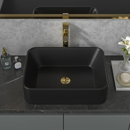 Sarlai Bathroom Vessel Sink - 19"x15" Modern Bathroom Sink Rectangular Above Counter Black Porcelain Ceramic Bathroom Vessel Vanity Sink Art Basin