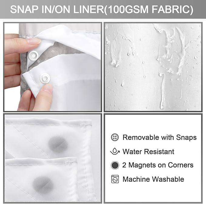 No Hook Shower Curtain and Liner Set,Light Grey Hotel Waffle Shower Curtain with Liner 87" L x 72" W