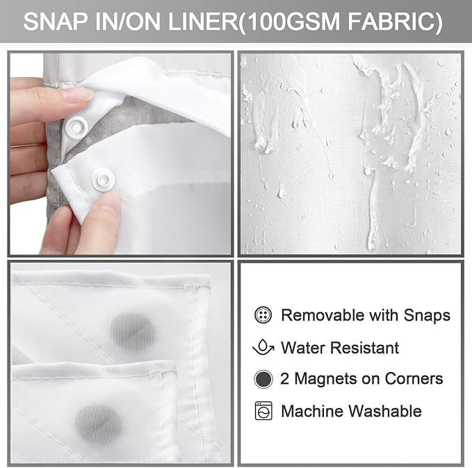 No Hook Shower Curtain with Liner Set Hotel Waffle Light Grey 78W X 75L | Washable Snap in Fabric Liner, Mesh Top Window, Waffle Hotel Style Shower Curtain Set