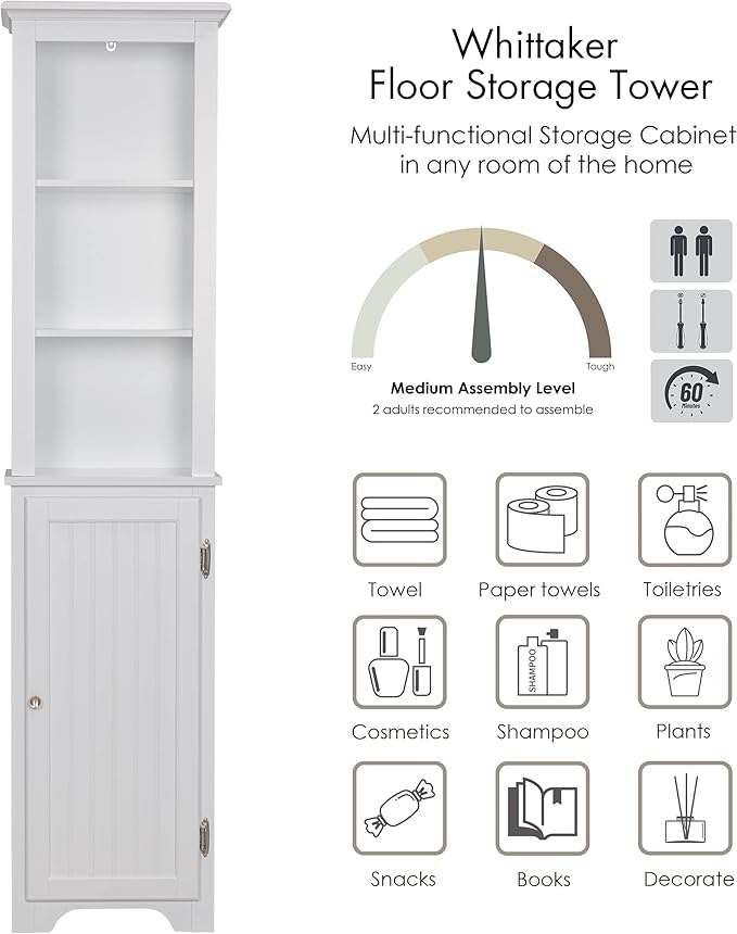 UTEX 64" Freestanding Storage Cabinet, Bathroom Tall Silm Cabinet with Doors and Adjustable Shelves, Free Standing Linen Tower, Home Storage Furniture, White