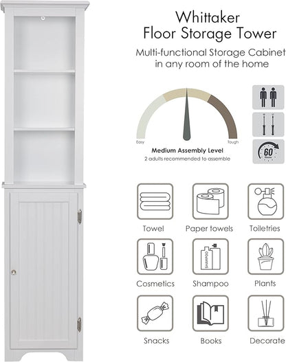 UTEX 64" Freestanding Storage Cabinet, Bathroom Tall Silm Cabinet with Doors and Adjustable Shelves, Free Standing Linen Tower, Home Storage Furniture, White