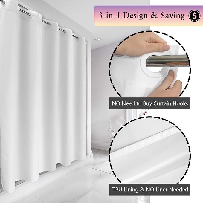 River Dream Extra Long No Hook Shower Curtain TPU Lining, White, 71x86 | No Required Liner, Hotel Fabric Shower Curtain for Bathroom, Bottom Magnets & Waterproof, 71W x 86H(84H)