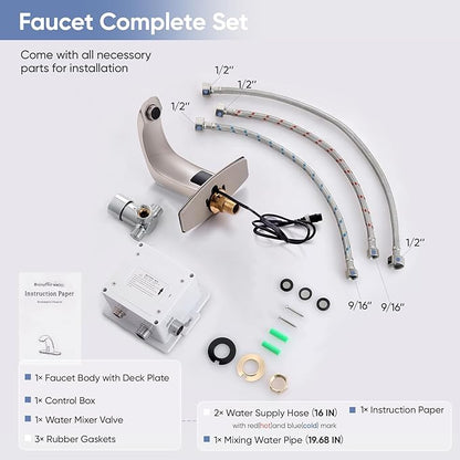 Automatic Touchless Bathroom Sink Faucet Sensor Motion Activated Commercial Faucets Hands Free Infrared Residential Elegant Basin Tap with Deck Plate Water Mixer Valve Control Box (Nickle)