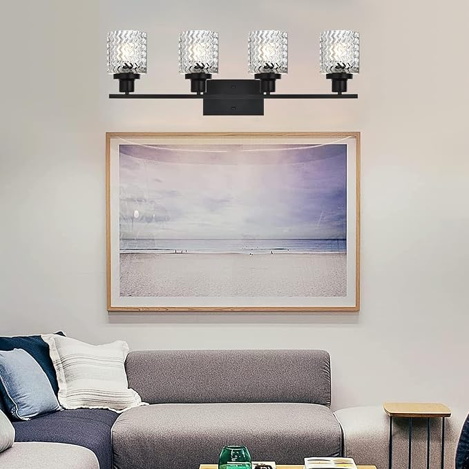 MELUCEE 4 Lights Black Bathroom Light Fixtures with Hammered Glass Shade | Indoor Metal Vanity Light Wall Lights for Powder Room Hallway Kitchen, E26 Base