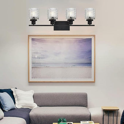 MELUCEE 4 Lights Black Bathroom Light Fixtures with Hammered Glass Shade | Indoor Metal Vanity Light Wall Lights for Powder Room Hallway Kitchen, E26 Base