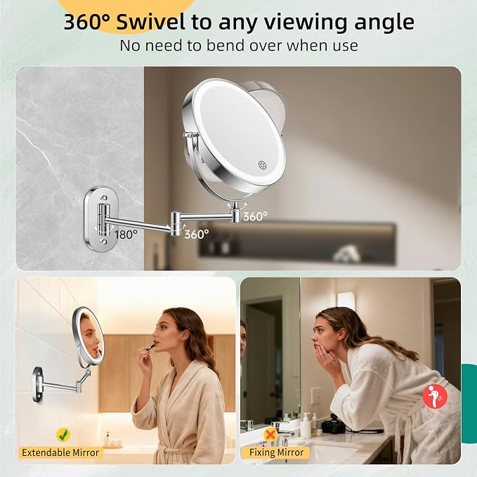 FUNTOUCH 5000mAh Rechargeable Wall Mounted Makeup Mirror with Light Charger | Double Sided 1X/30X Magnification,3 Color Lights,Touch Dimmable,Extended Arm 360 Rotation Lighted Bathroom Mirror